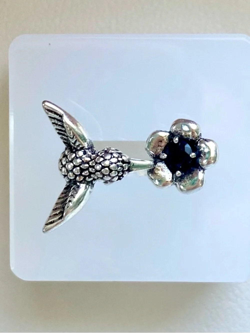 Silver Hummingbird and Flower Open Ring — Silver Color